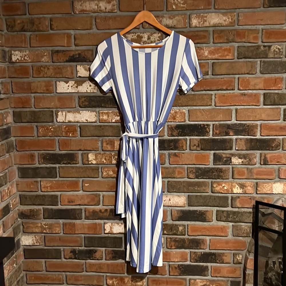 Short sleeve blue and white striped dress. Mid calf length. Like new